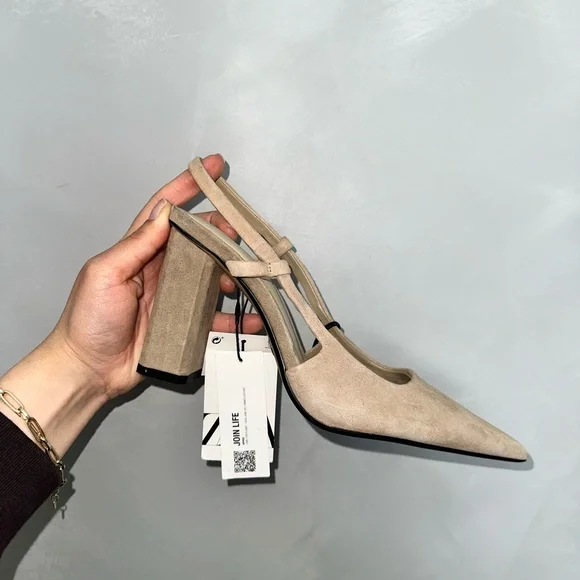 Zara Nude Suede Pointed Slingback Block Heels - Picture 3 of 4